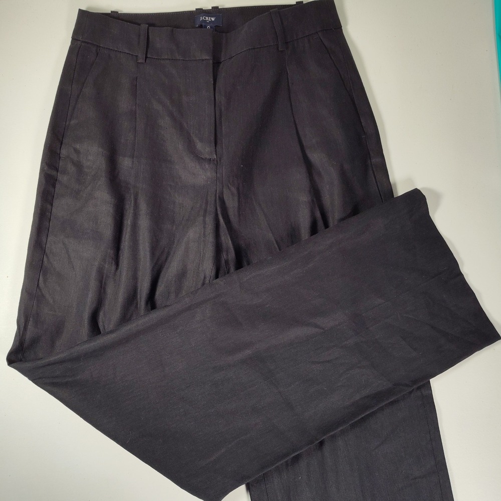 J. Crew Womens Linen Blend Wide Leg Pleated Trousers Black Pants Size 0